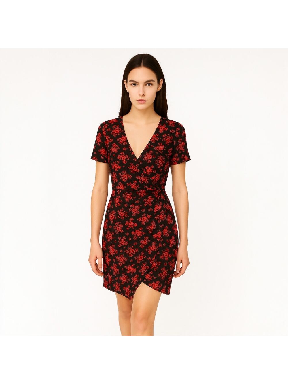 Club Monaco Esquinah Black Red Floral Short Sleeve Ruched Mini Wrap Dress Size 4